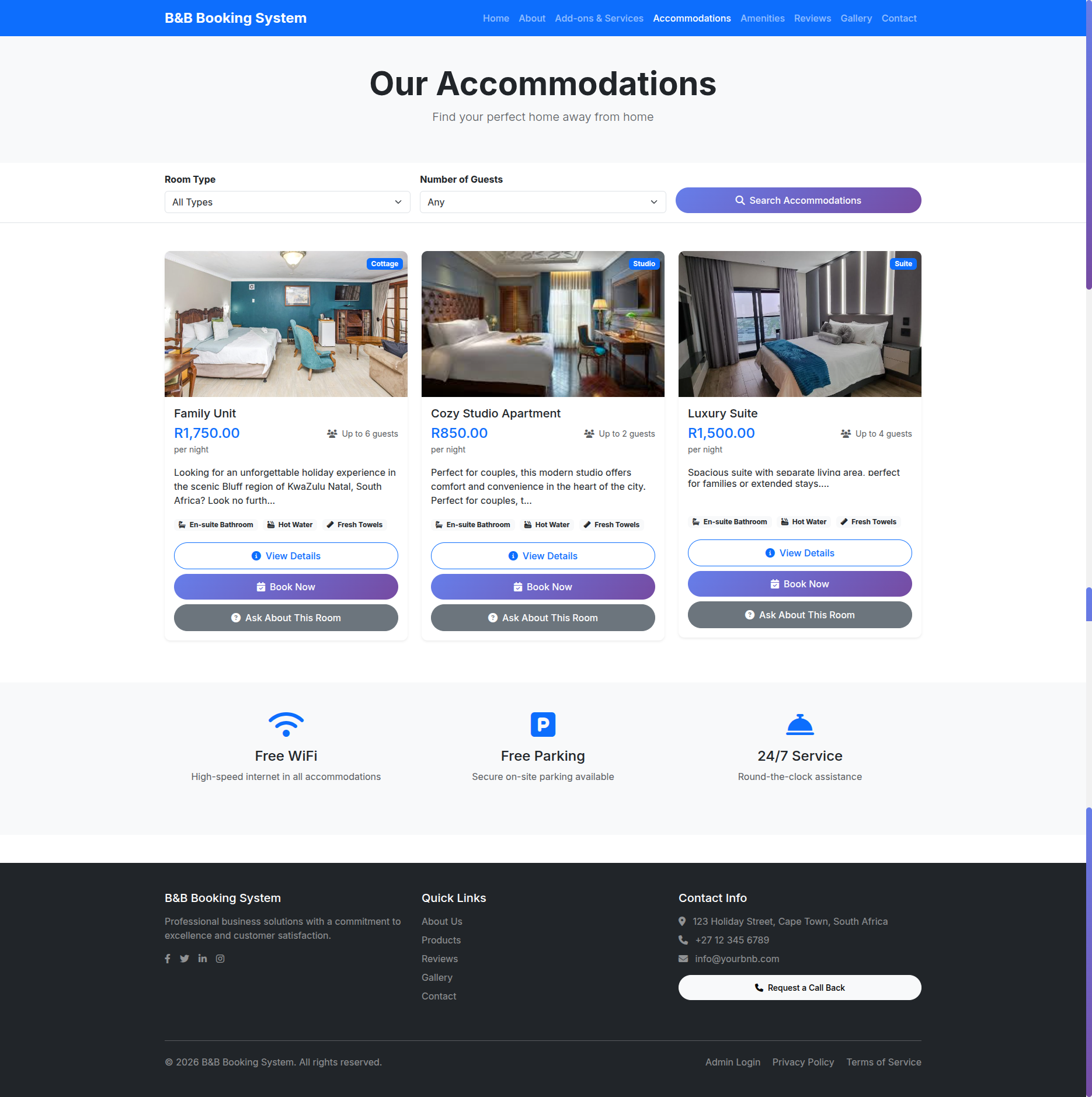 Accommodation listings for guests