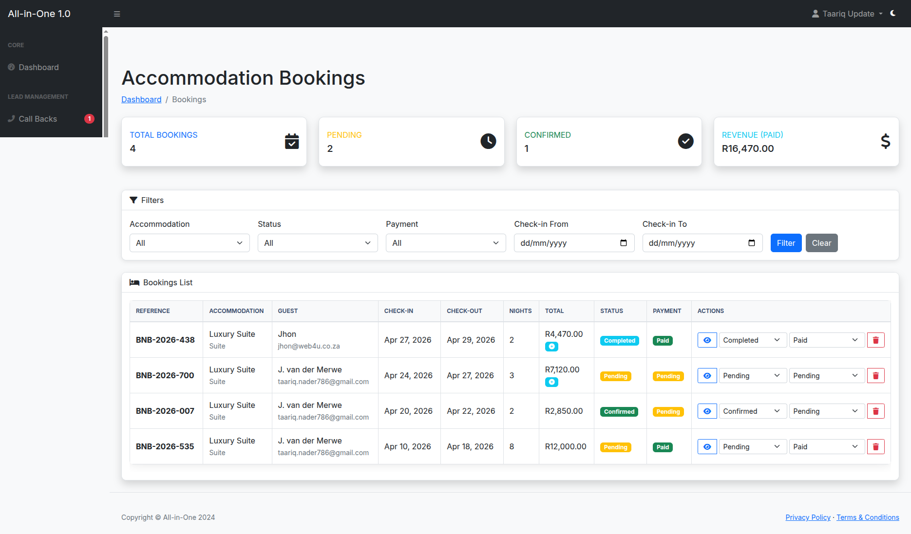 Bookings calendar and reservation management