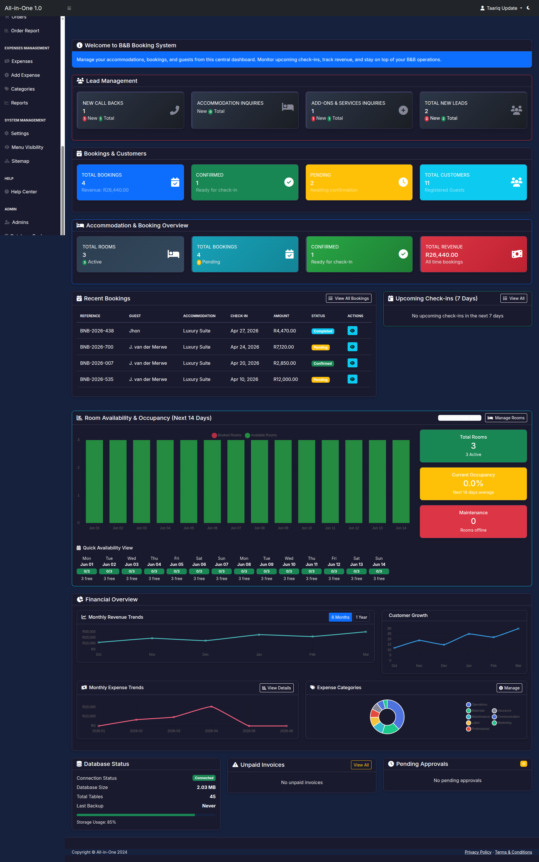 B&B management dashboard in dark mode