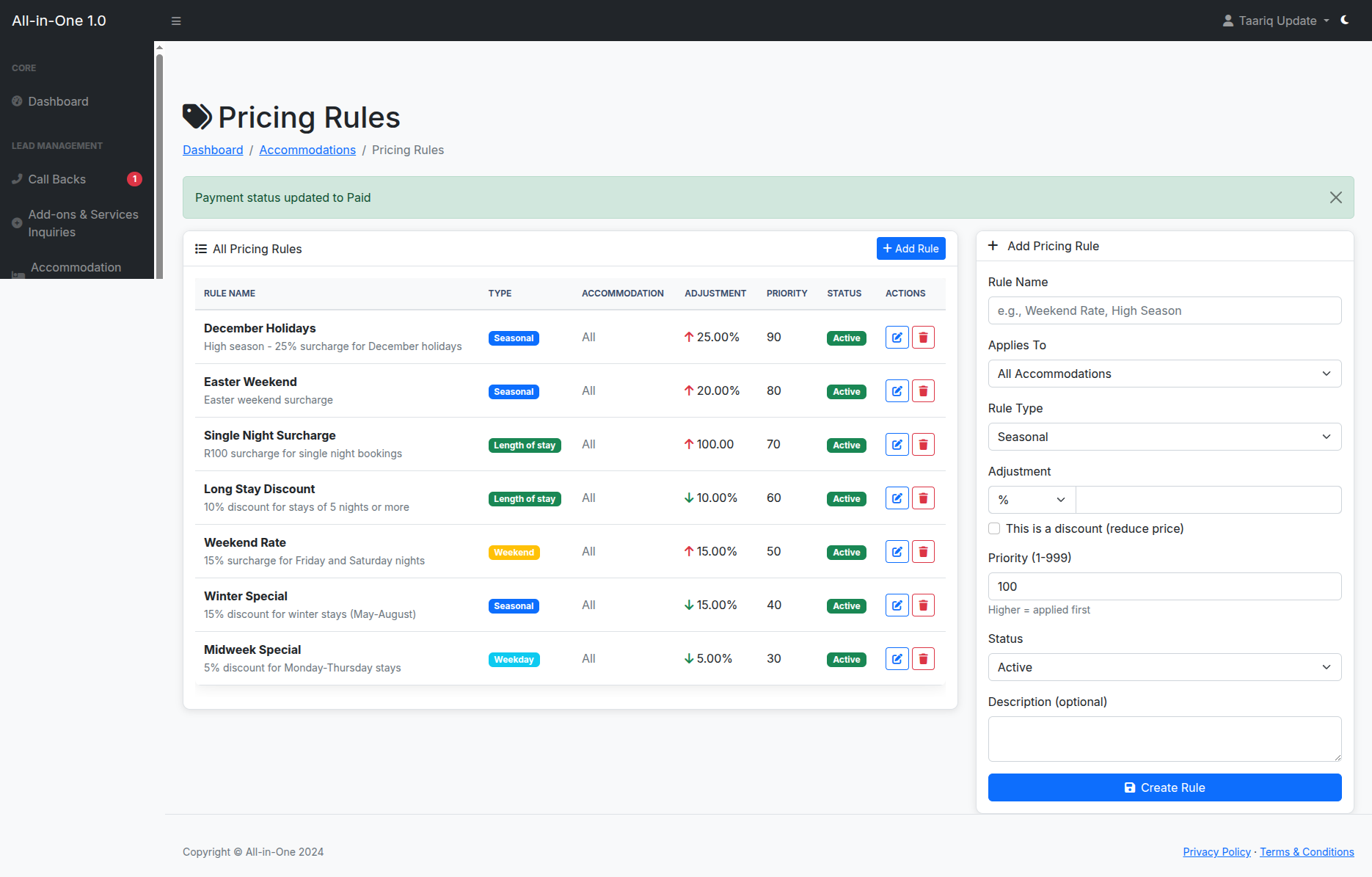 Seasonal pricing rules configuration