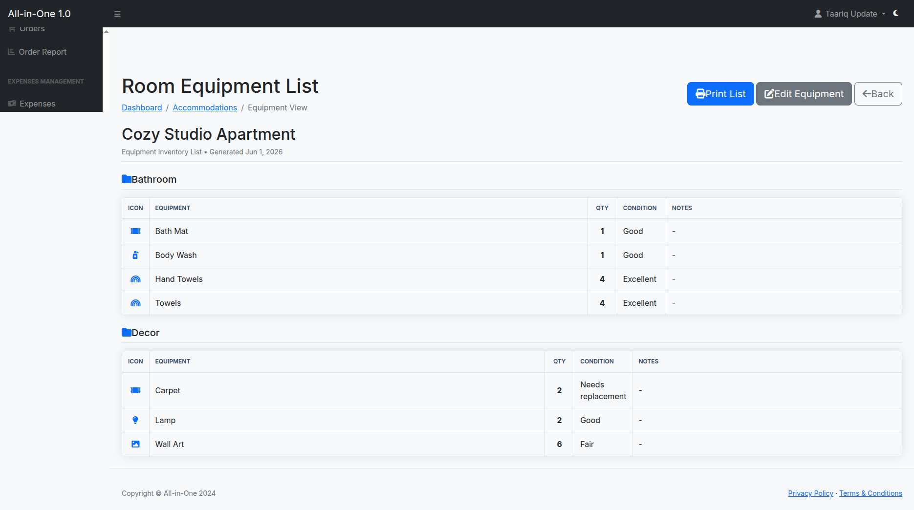 Room equipment and inventory management