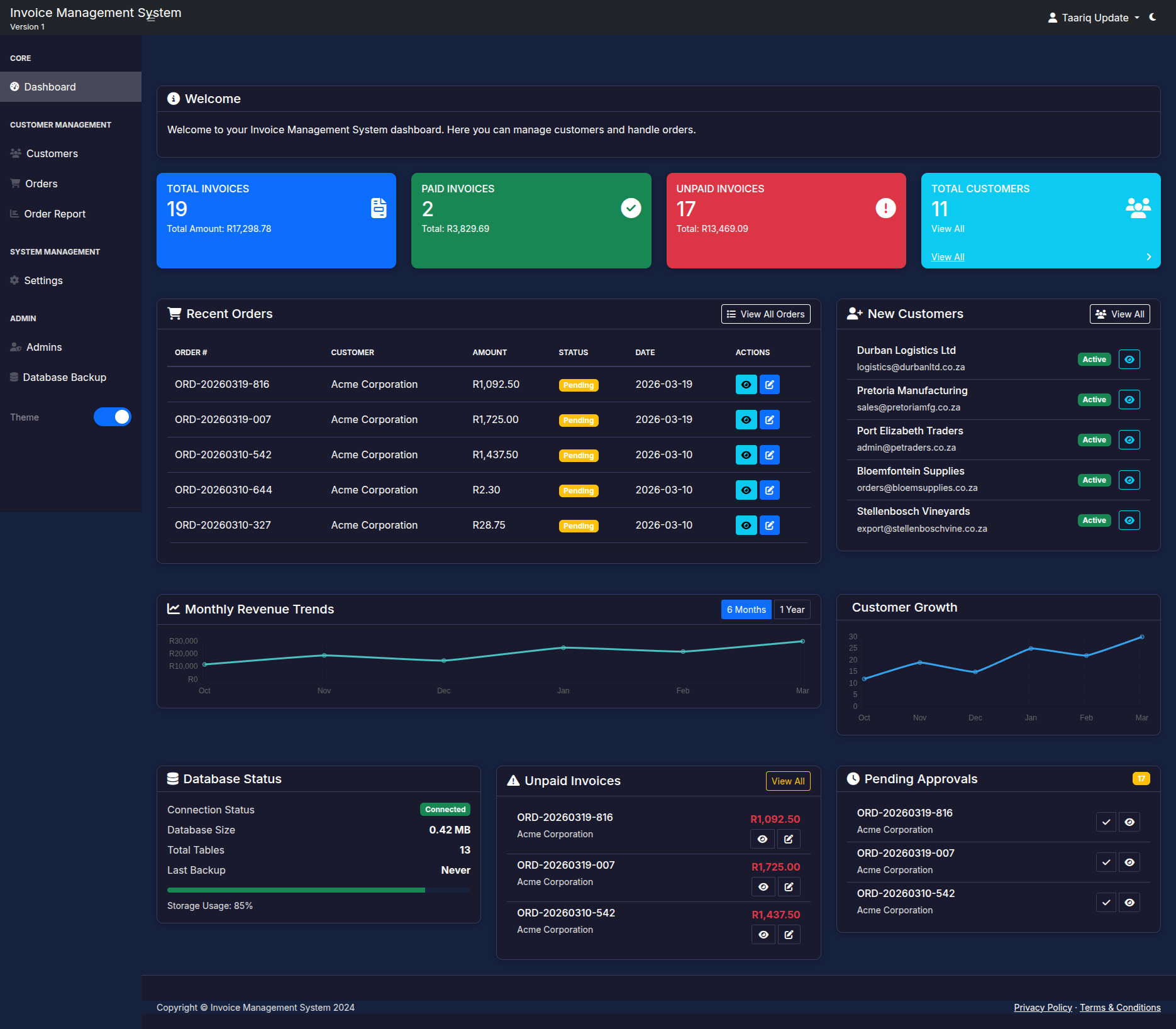 Invoice system dashboard in dark mode for low-glare use