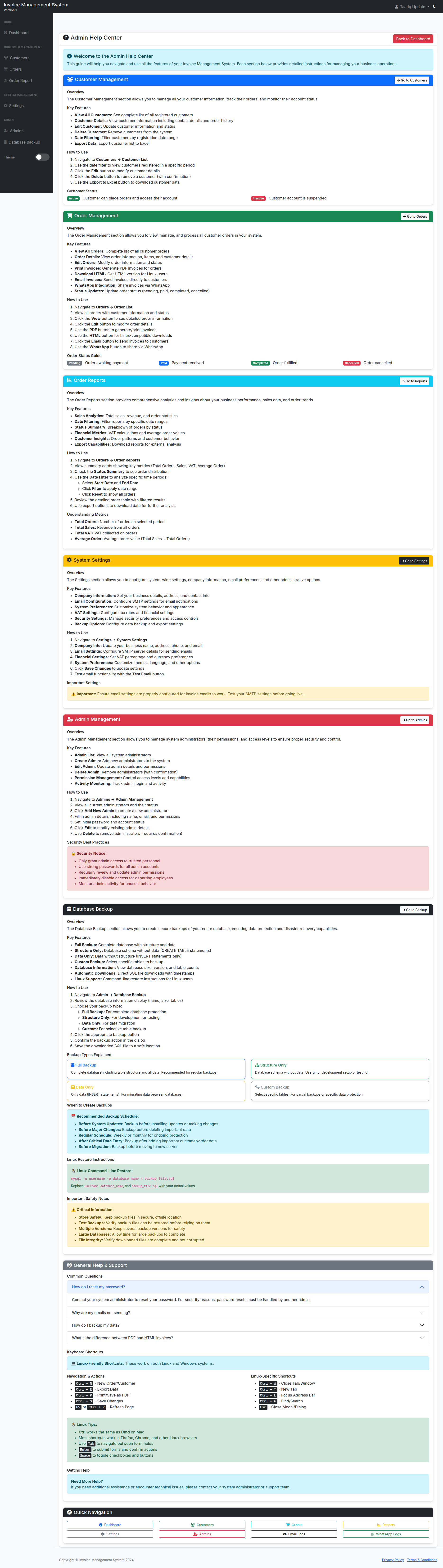 Built-in admin help centre with documentation
