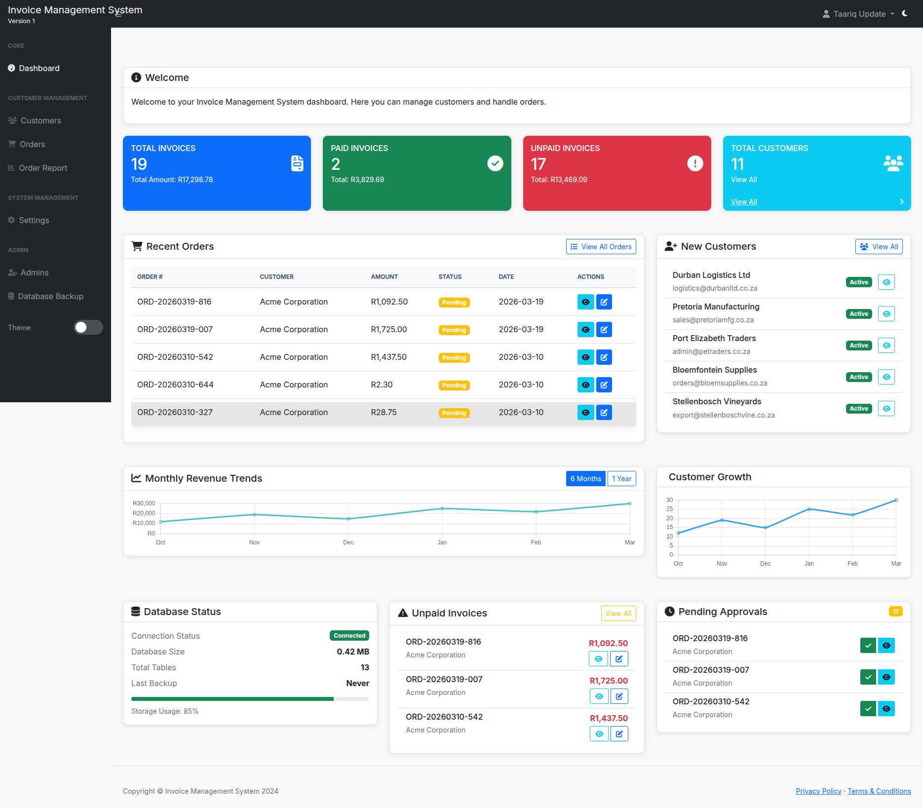 Invoice system dashboard in light mode showing financial overview