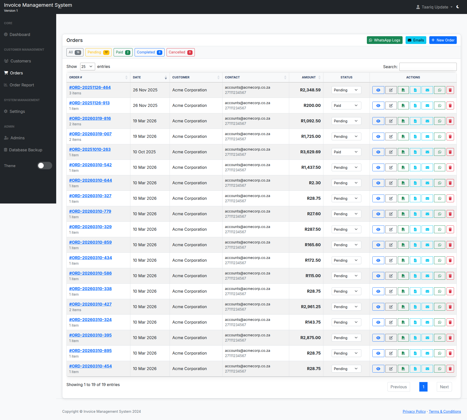 Orders and invoicing screen with customer job management